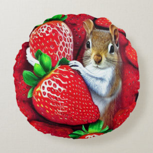 Squirrel In Strawberry Heaven Round Cushion