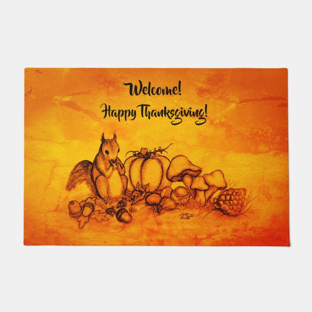 Squirrel in the Autumn , Happy Thanksgiving! Doormat (Front)