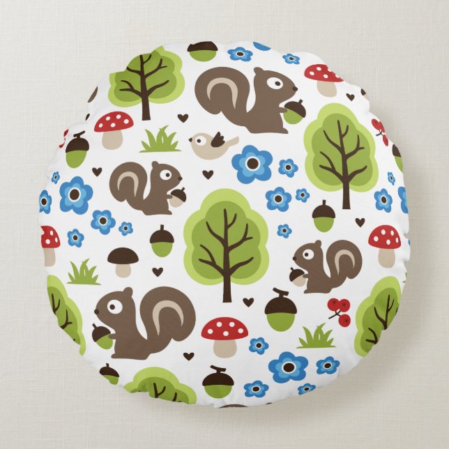 Squirrel in The Oak Forest Pattern Round Cushion (Front)
