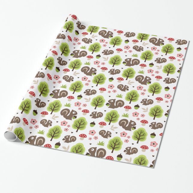 Squirrel in The Oak Forest Pattern Wrapping Paper (Unrolled)
