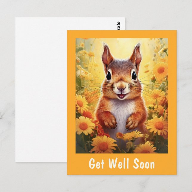 Squirrel in Yellow Flowers Cute Get Well Soon   Postcard (Front/Back)