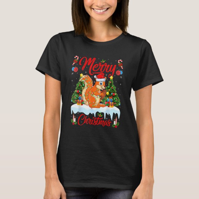 Squirrel Lights Xmas Tree Santa Squirrel Christmas T-Shirt (Front)