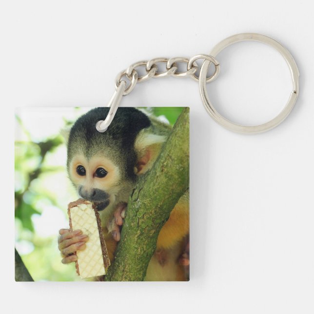 Squirrel Monkey Eating a Wafer Biscuit Key Ring (Back)