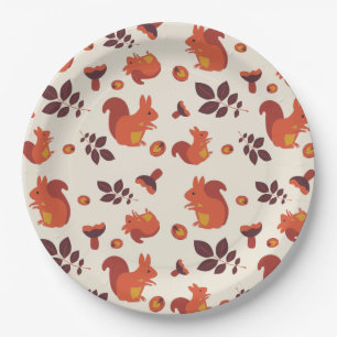 Squirrel, mushroom, leaf, walnut. paper plate