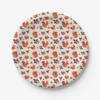 Squirrel, mushroom, leaf, walnut. paper plate