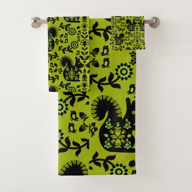 Squirrel Nordic Scandinavian Folk Art       Bath Towel Set (Insitu)