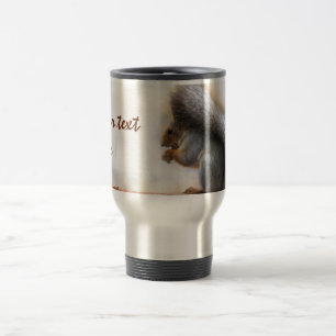 Squirrel on a bench and some nuts travel mug