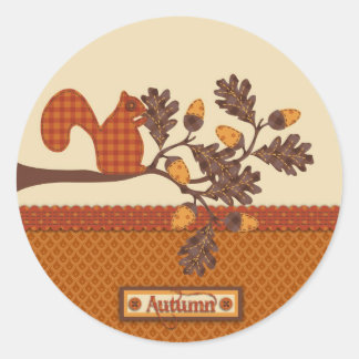 Squirrel on Branch Applique-look Thanksgiving Classic Round Sticker