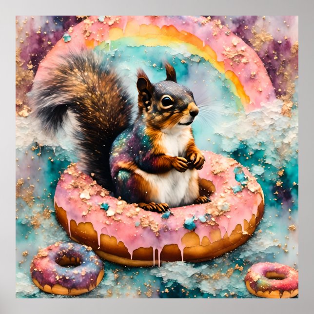 Squirrel on Floating Glazed Doughnut Funny Sweet Poster (Front)