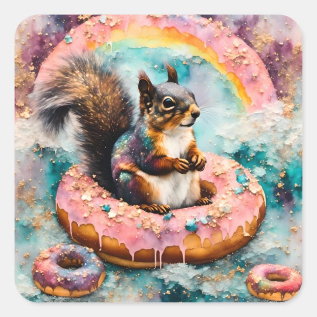 Squirrel on Floating Glazed Doughnut Funny Sweet Square Sticker (Front)