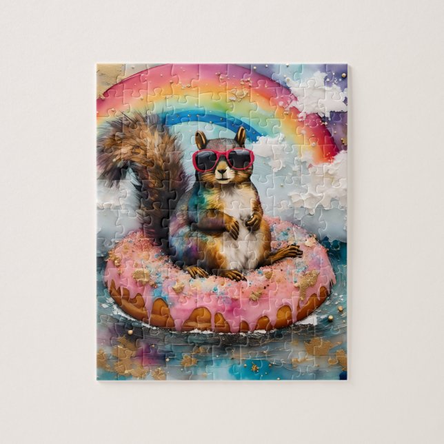 Squirrel on Floating Glazed Doughnut Funny Vacatio Jigsaw Puzzle (Vertical)