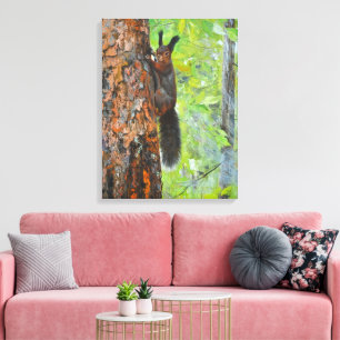 Squirrel on Pine Tree – Realistic Oil Painting Canvas Print
