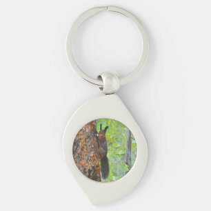 Squirrel on Pine Tree – Realistic Oil Painting Key Ring