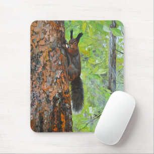 Squirrel on Pine Tree – Realistic Oil Painting Mouse Mat