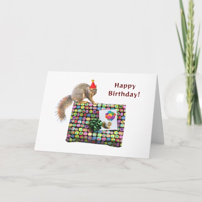 Squirrel on Present Birthday Card (Front)
