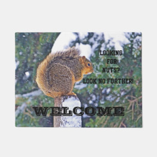 SQUIRREL ON SNOW-COVERED POST/LOOKING FOR NUTS? DOORMAT