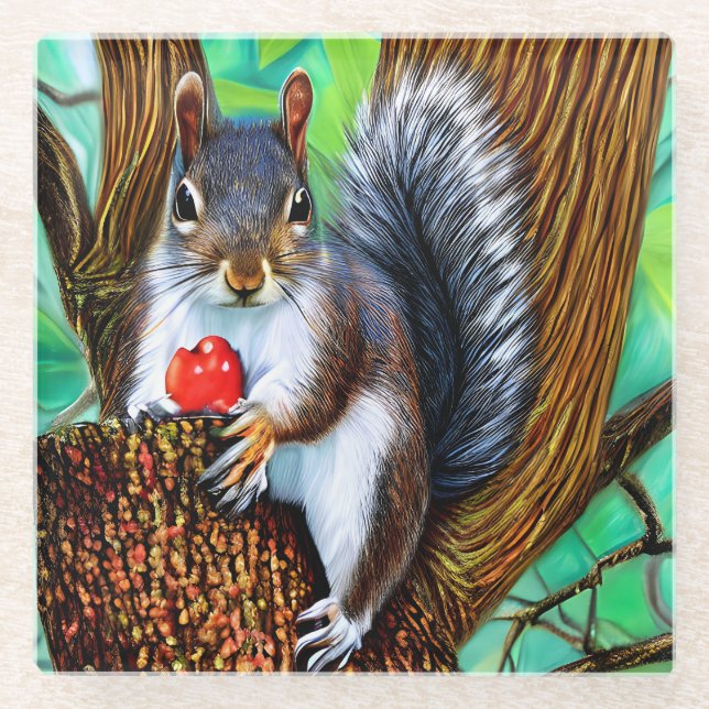 Squirrel on The Tree with Fruit-47566 Glass Coaster (Front)