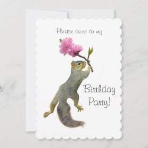 Squirrel Peach Flower Birthday Party Invitation