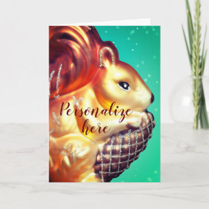 Squirrel pinecone vintage fall winter teal gold card