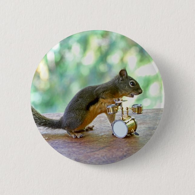 Squirrel Playing Drums 6 Cm Round Badge (Front)