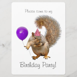 Squirrel Purple Balloon Birthday Party Invitation