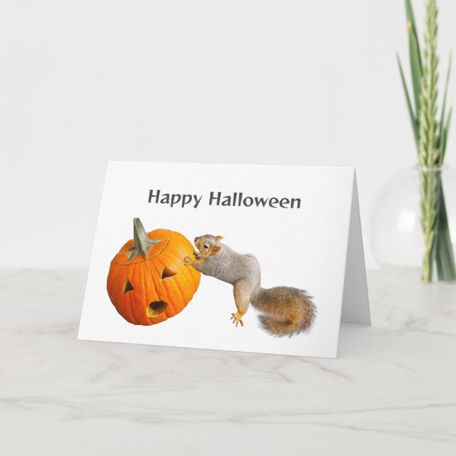 Squirrel Pushing Jack-o-Lantern Halloween Card (Front)