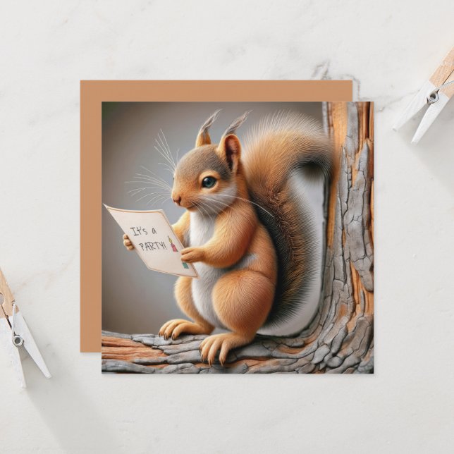 Squirrel Reading a Birthday Party Invite (Front/Back In Situ)