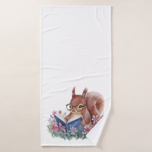 Squirrel Reading A Book, Nestled In Flowers Bath Towel