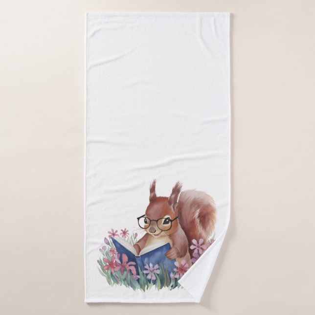 Squirrel Reading A Book, Nestled In Flowers Bath Towel (Bath Towel)