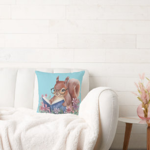 Squirrel Reading A Book, Nestled In Flowers Cushion