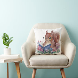Squirrel Reading A Book, Nestled In Flowers Cushion