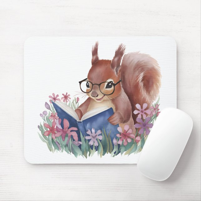 Squirrel Reading A Book, Nestled In Flowers Mouse Mat (With Mouse)