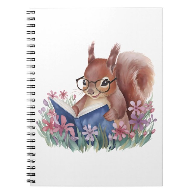Squirrel Reading A Book, Nestled In Flowers Notebook (Front)