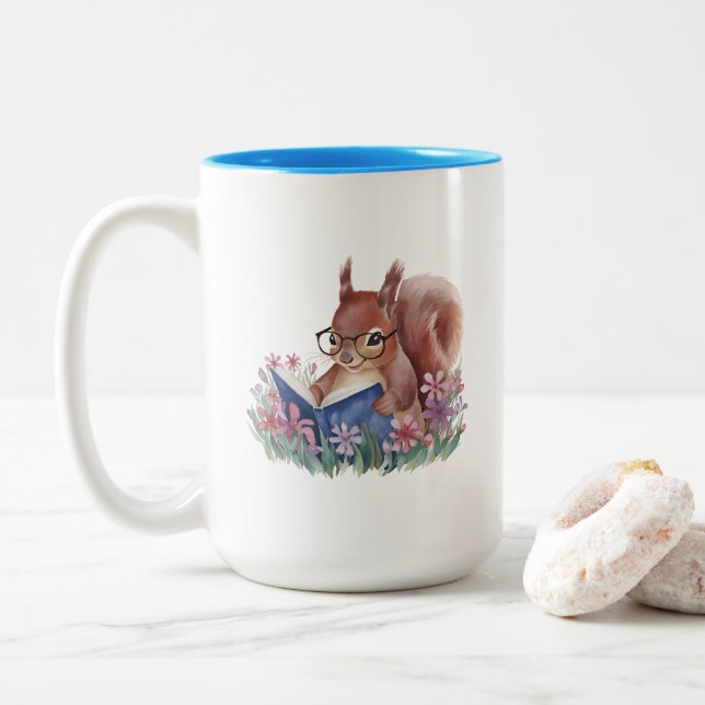 Squirrel Reading A Book Nestled In Flowers Two-Tone Coffee Mug (With Donut)