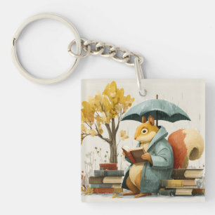 Squirrel Reading Books Under an Umbrella  Key Ring