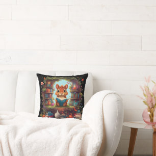 Squirrel Reading On A Vintage Bookshelf Cushion