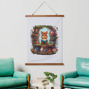 Squirrel Reading On A Vintage Bookshelf Hanging Tapestry