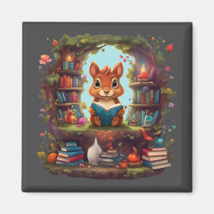 Squirrel Reading On A Vintage Bookshelf Magnet