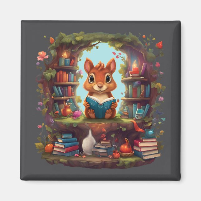 Squirrel Reading On A Vintage Bookshelf Magnet (Front)