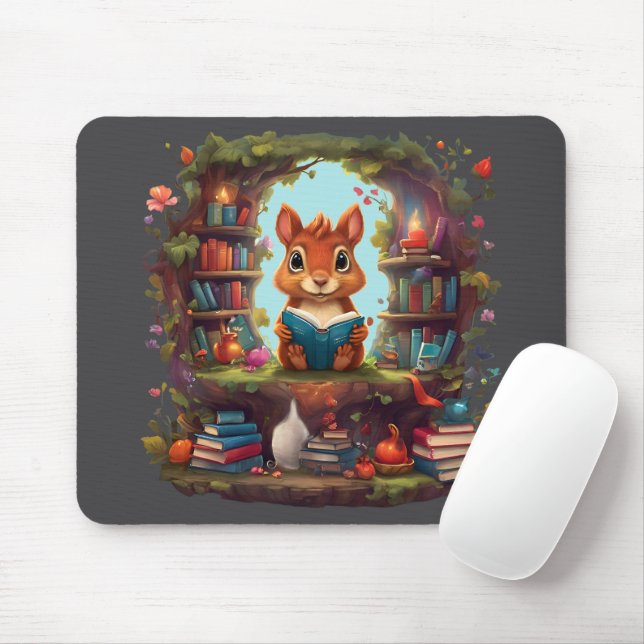 Squirrel Reading On A Vintage Bookshelf Mouse Mat (With Mouse)