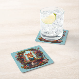 Squirrel Reading On A Vintage Bookshelf Square Paper Coaster