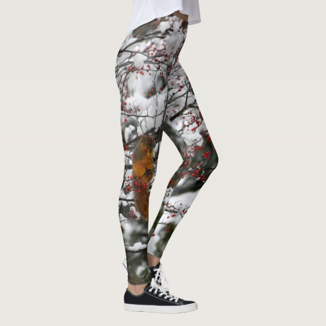 Squirrel Red Berries Snow Tree Photo Leggings (Right)