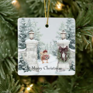Squirrel Red Coat Snow Christmas Ceramic Ornament