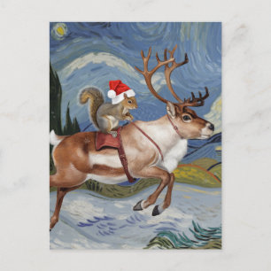 Squirrel Santa and Adorable Reindeer Christmas Postcard