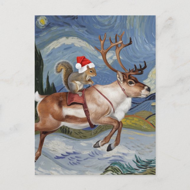 Squirrel Santa and Adorable Reindeer Christmas Postcard (Front)