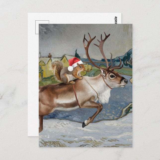  Squirrel Santa and Adorable Reindeer Christmas Postcard (Front/Back)