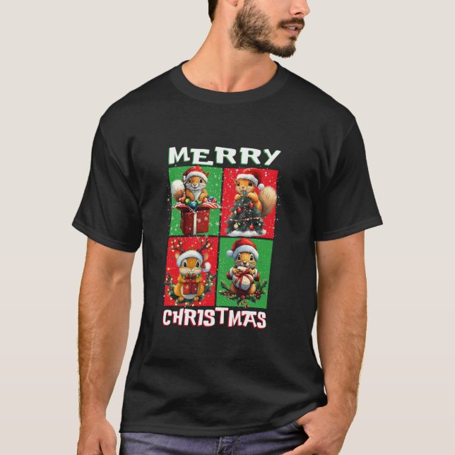 Squirrel Santa Animals Lover Merry Christmas Tree  T-Shirt (Front)