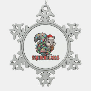 Squirrel Santa Hat Christmas Lights Merry Squirrel Snowflake Pewter Christmas Ornament