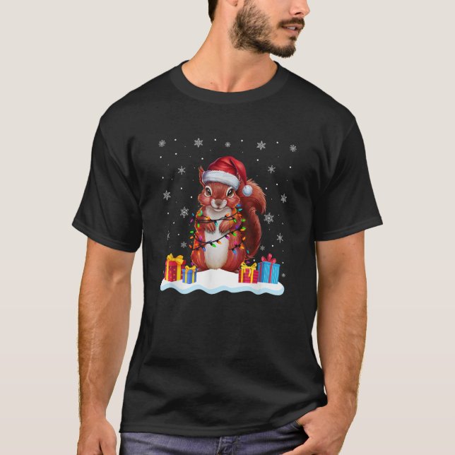 Squirrel Santa Hat Christmas Tree Light Xmas Pajam T-Shirt (Front)