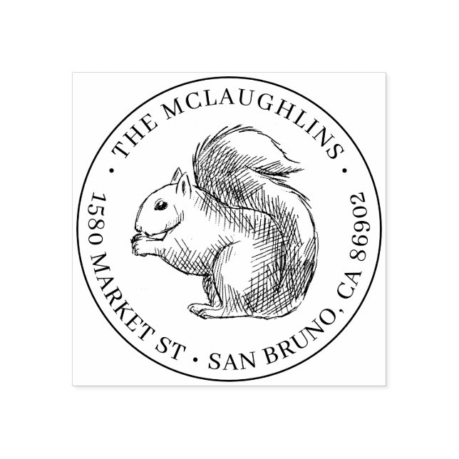 Squirrel Sketch | Round Family Name Return Address Rubber Stamp (Imprint)